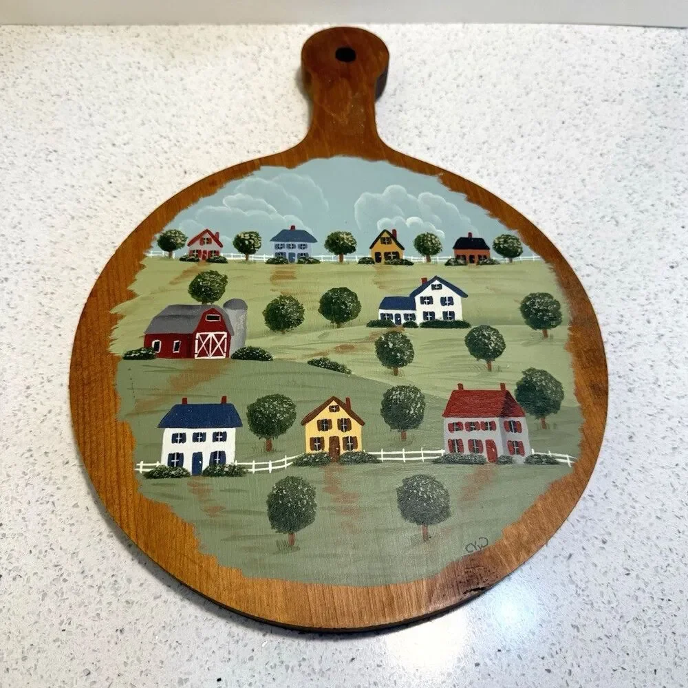 VTG Wood Hand Painted Bread Cutting Board Houses Farmhouse Grammacore Farm